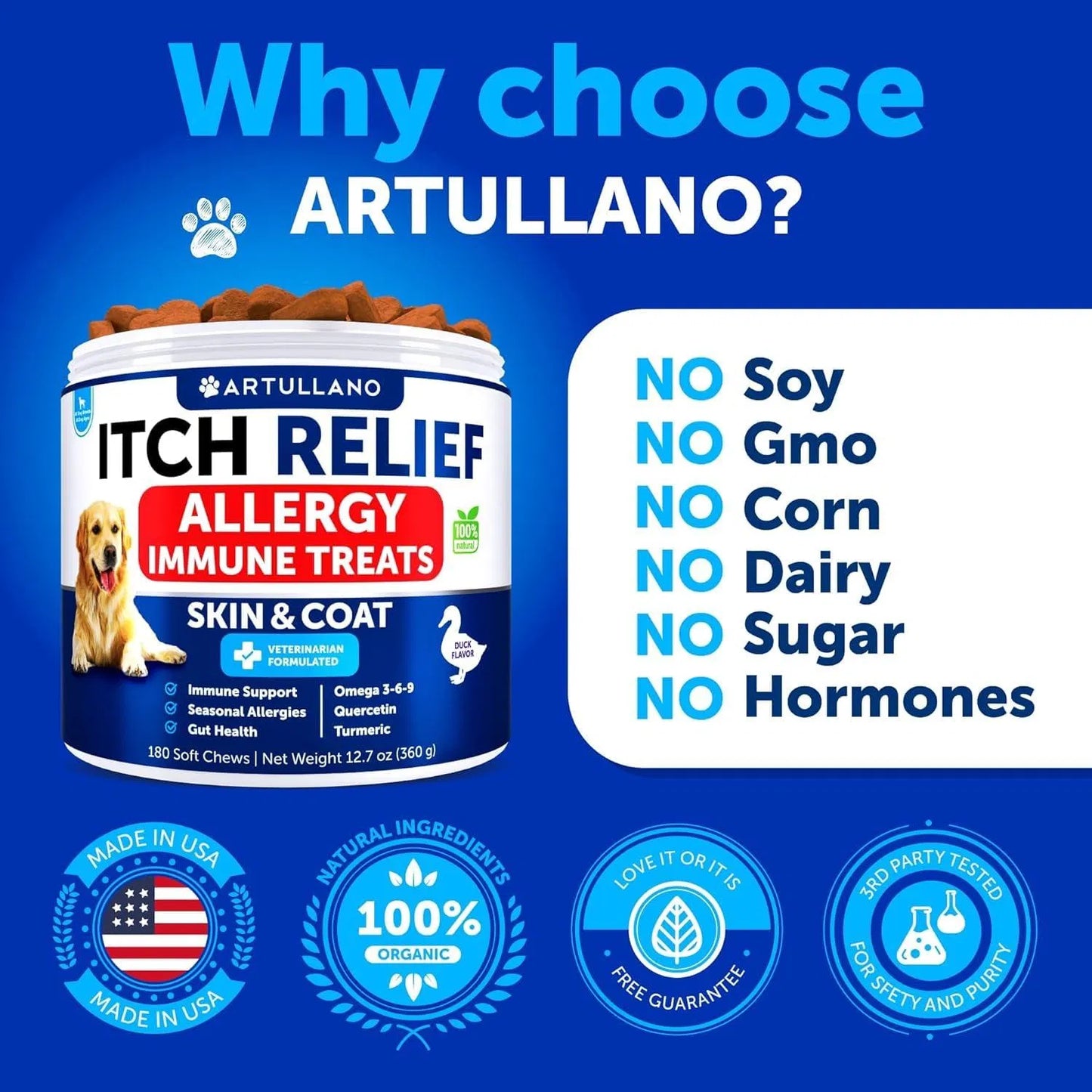 Dog Allergy Relief Chews - Itch Relief for Dogs with Fish Oil, Colostrum & Turmeric - 180 Soft Chews