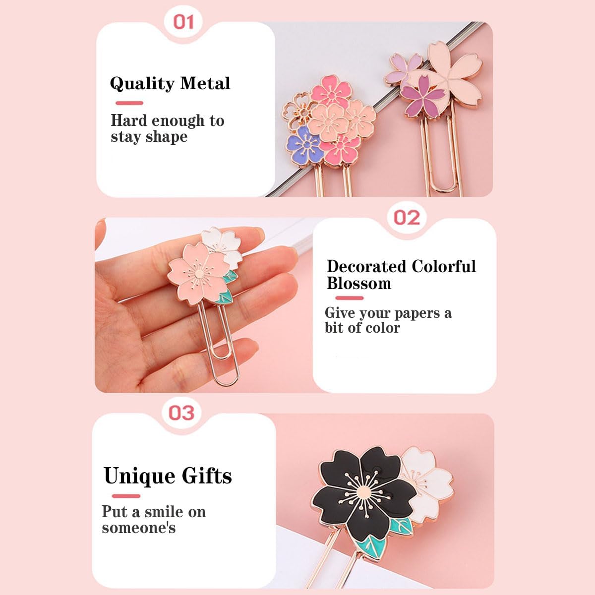 7-Pack Cherry Blossom Paper Clips – Large Cute Metal Bookmarks for Office & School