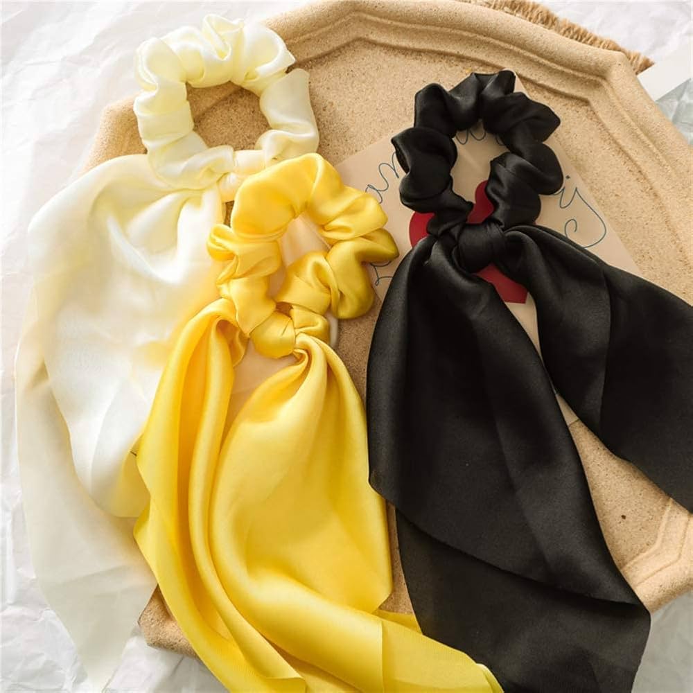 Yellow Satin Bow Scrunchies – Elegant Hair Ties for Women