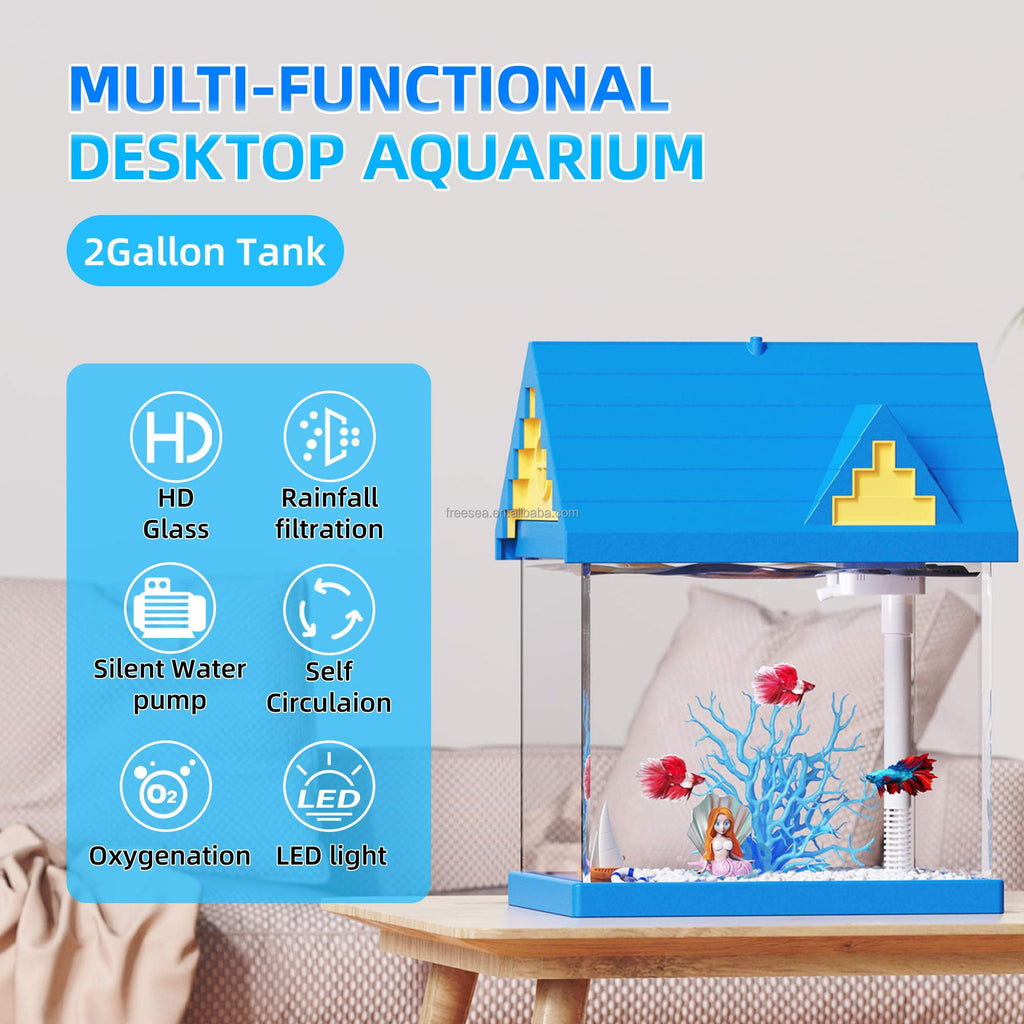 FREESEA 2-Gallon Aquarium Starter Kit with LED Light & Filter - Perfect Desktop Fish Tank for Betta, Goldfish & Shrimp