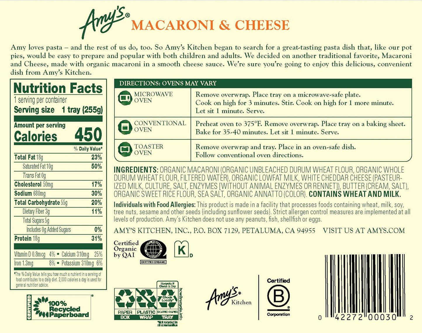 Amy's Macaroni & Cheese Frozen Meal, Organic Pasta & Cheddar, 9 oz