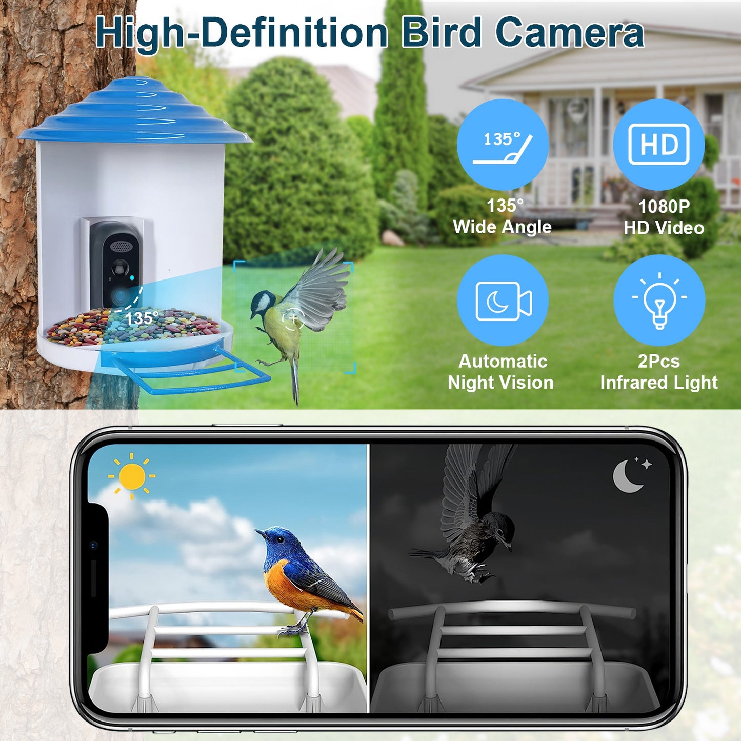 Smart Bird Feeder Camera with Solar Panel - 1080P HD AI Bird Identification & Motion Detection