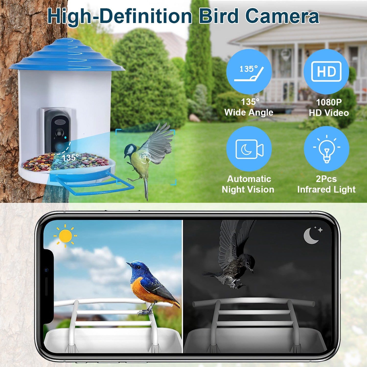 Smart Bird Feeder Camera with Solar Panel - 1080P HD AI Bird Identification & Motion Detection