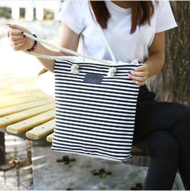Women's Bohemian Striped Canvas Beach Tote Bag – Large Summer Shoulder Bag