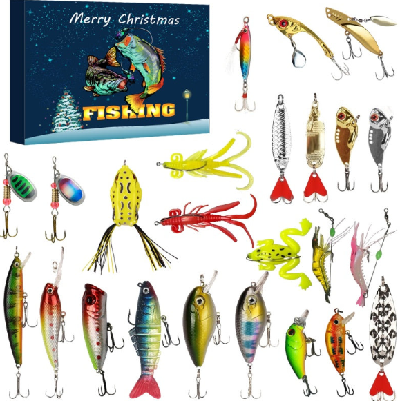 PLUSINNO Fishing Advent Calendar | 24-Day Fishing Lure Gift Set for Men & Boys | Christmas Gift