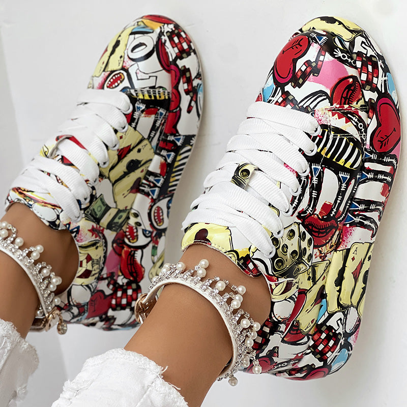Women's Geometric Print Low-Top Sneakers | Lace-Up Casual Shoes with Thick Rubber Sole