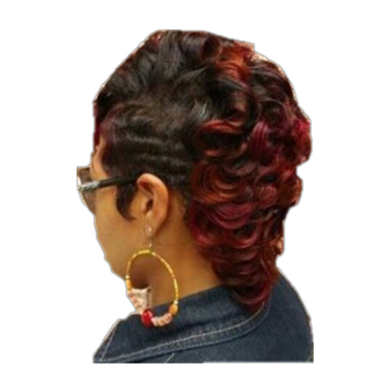Short Black Wig with Wine Red Highlights - Heat Resistant