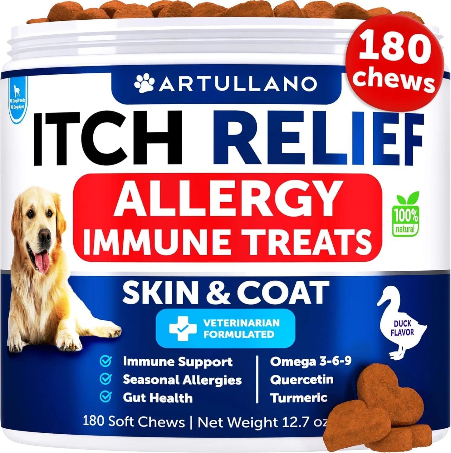 Dog Allergy Relief Chews - Itch Relief for Dogs with Fish Oil, Colostrum & Turmeric - 180 Soft Chews