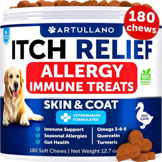 Dog Allergy Relief Chews - Itch Relief for Dogs with Fish Oil, Colostrum & Turmeric - 180 Soft Chews