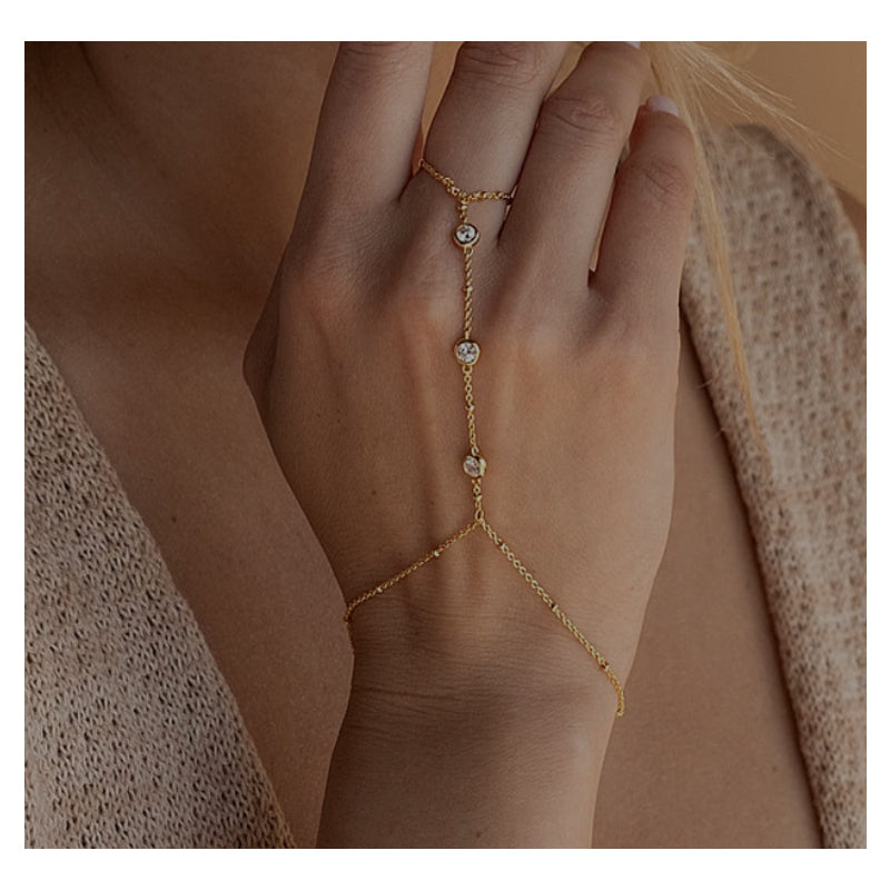 Gold Boho Hand Chain Bracelet for Women – Beaded Finger Ring Bracelet