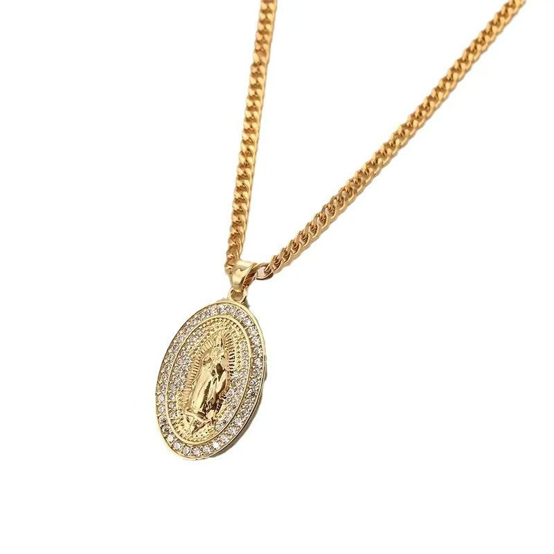 Virgin Mary Pendant Necklace for Men | Vintage Zircon Religious Jewelry