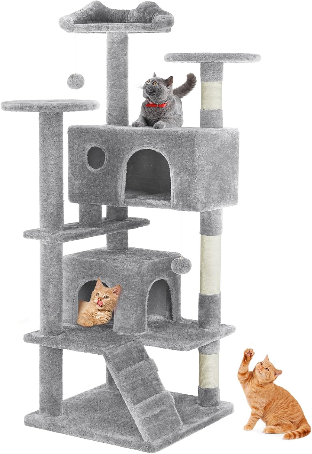 54" Multi-Level Cat Tree Tower | Sisal Scratching Posts, 2 Condos, Hanging Toy – Light Grey & Pink