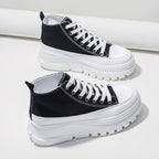 Women's High-Top Flatform Canvas Sneakers | Lace-Up T-Strap Shoes in Black
