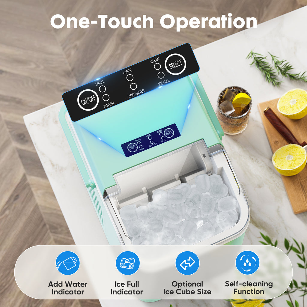 Portable Countertop Ice Maker Machine - 26 lbs Daily, 2 Ice Sizes, Self-Cleaning - Black/Green