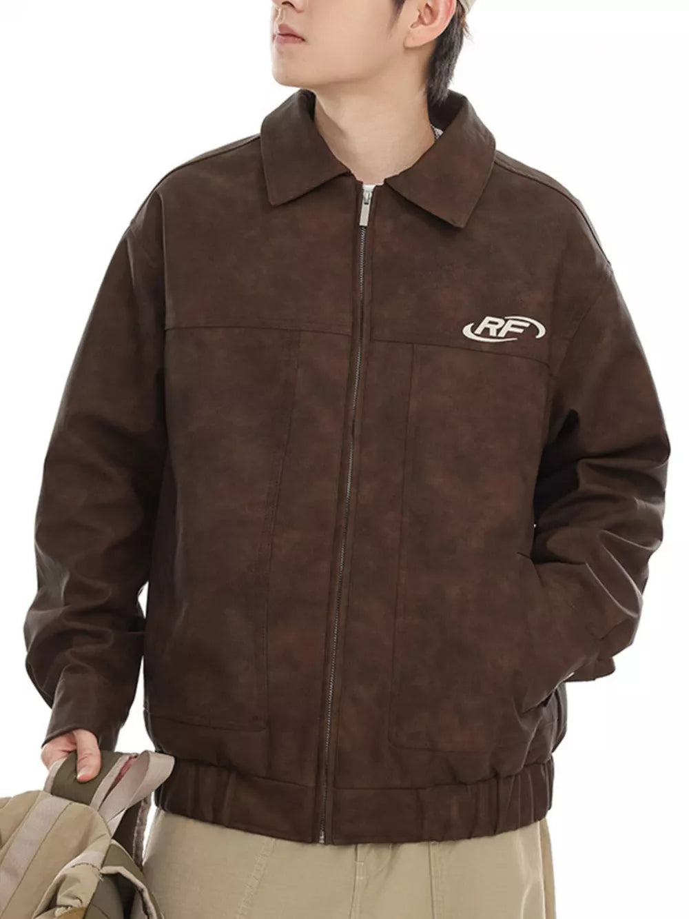 Men's Plus Size Washed Zip-Up Jacket – 100% Polyester, Vintage Finish & Pocketed