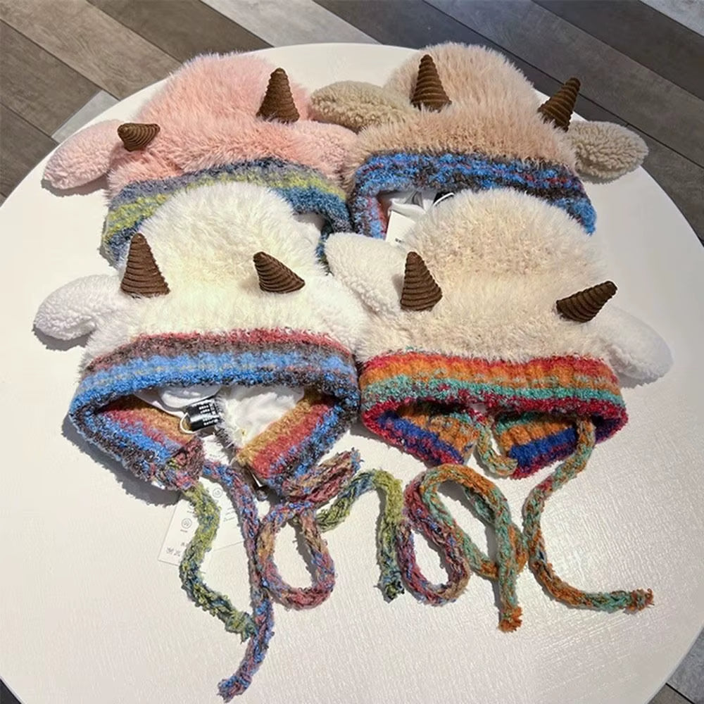 Cute Thick Plush Knitted Hat Girls Winter Warm Ear Protection Beanies Hat Women Comfortable Horn Pullover Hats