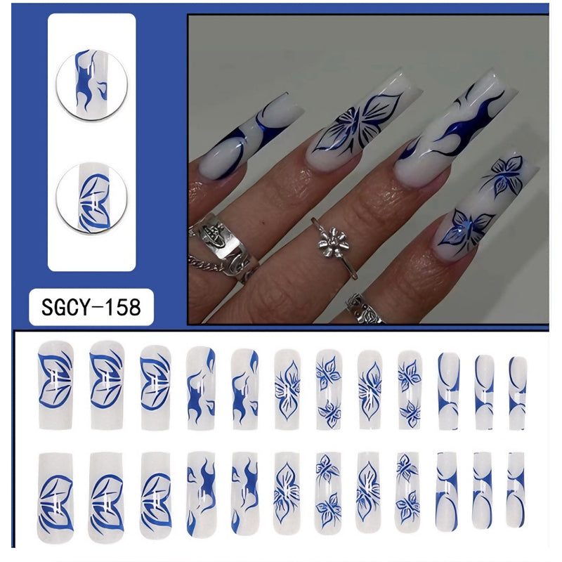 Blue Butterfly Press-On Nails | 24-Piece Long Square Fake Nail Set