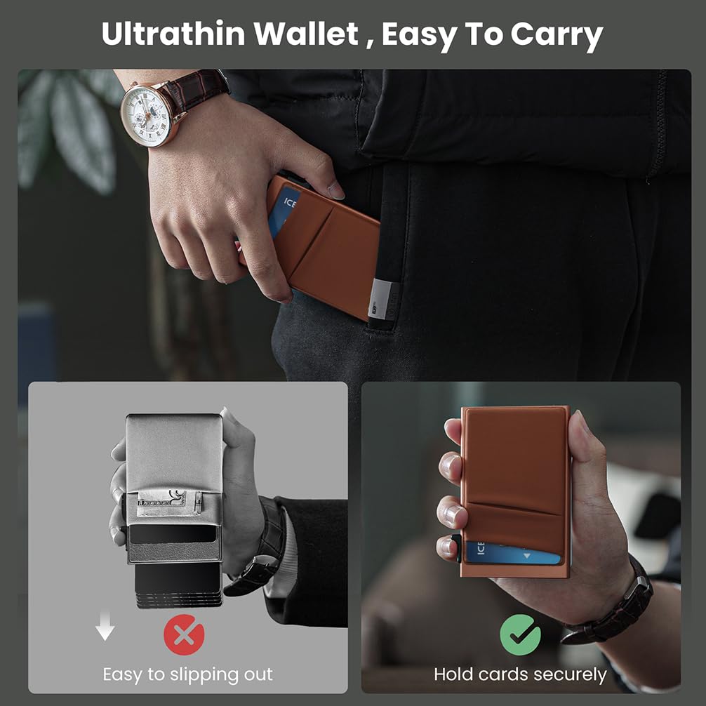 RFID Blocking Slim Wallet for Men - Metal Card Holder with ID Window & Cash Pocket