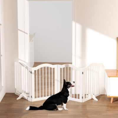 Freestanding Pet Gate for Dogs | 4-Panel Wooden Safety Fence | 27.6" Tall x 80" Wide