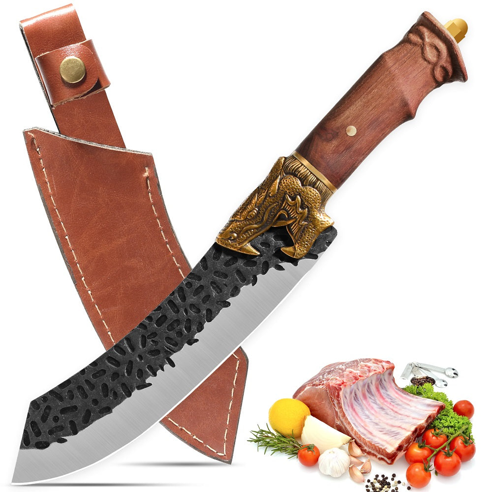 Hand Forged Boning Knife with Dragon Handle - 7Cr17MOV Carbon Steel Blade with Leather Sheath for Hunting, Camping & Filleting