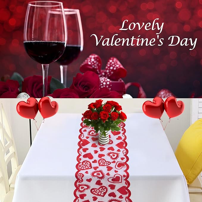 Valentine's Day Lace Table Runner - 13x72 Inch Heart Design for Wedding & Party Decor