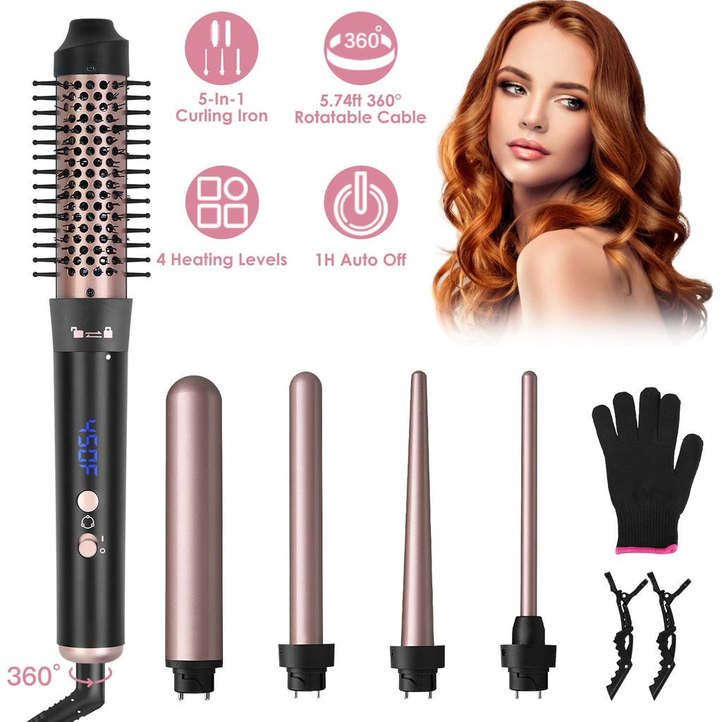 5-in-1 Professional Curling Wand Set – 4 Interchangeable Ceramic Barrels, LCD Display & Auto Shut-Off