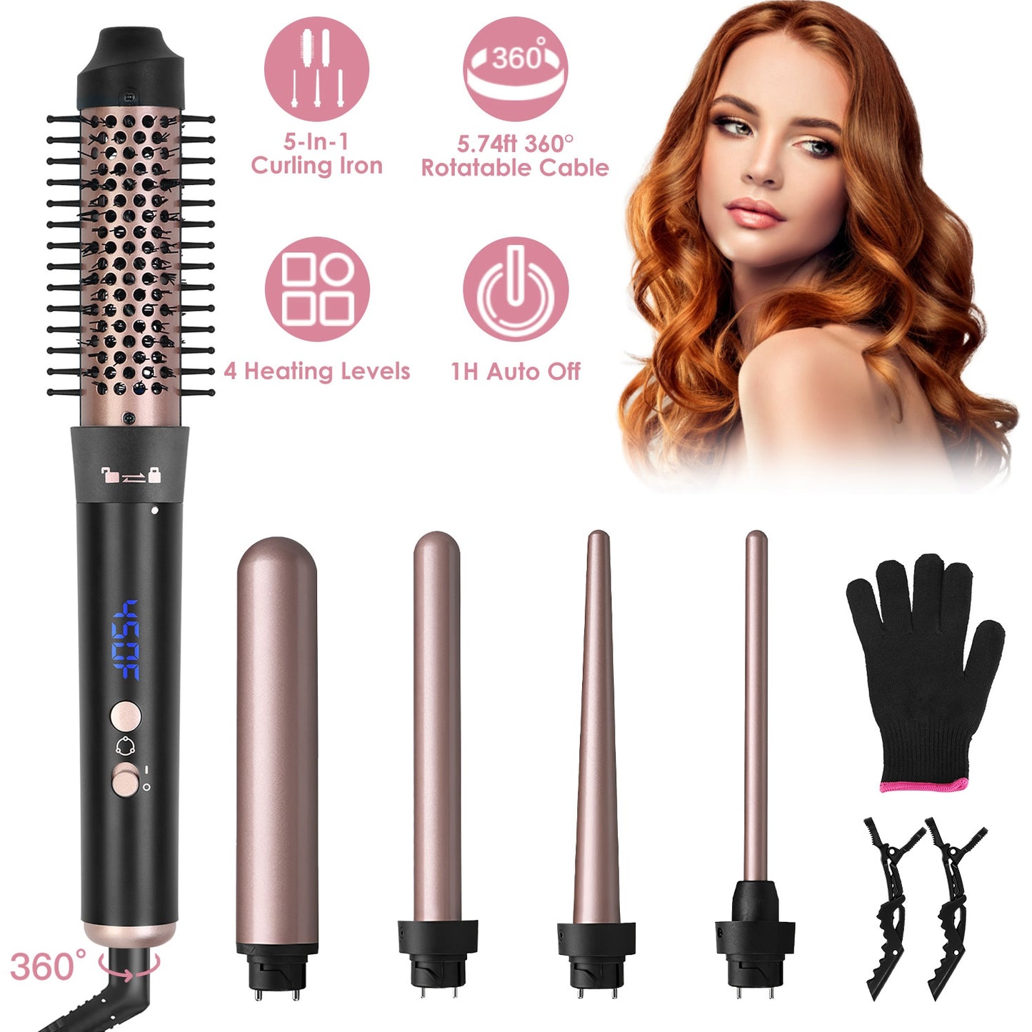 5-in-1 Professional Curling Wand Set – 4 Interchangeable Ceramic Barrels, LCD Display & Auto Shut-Off
