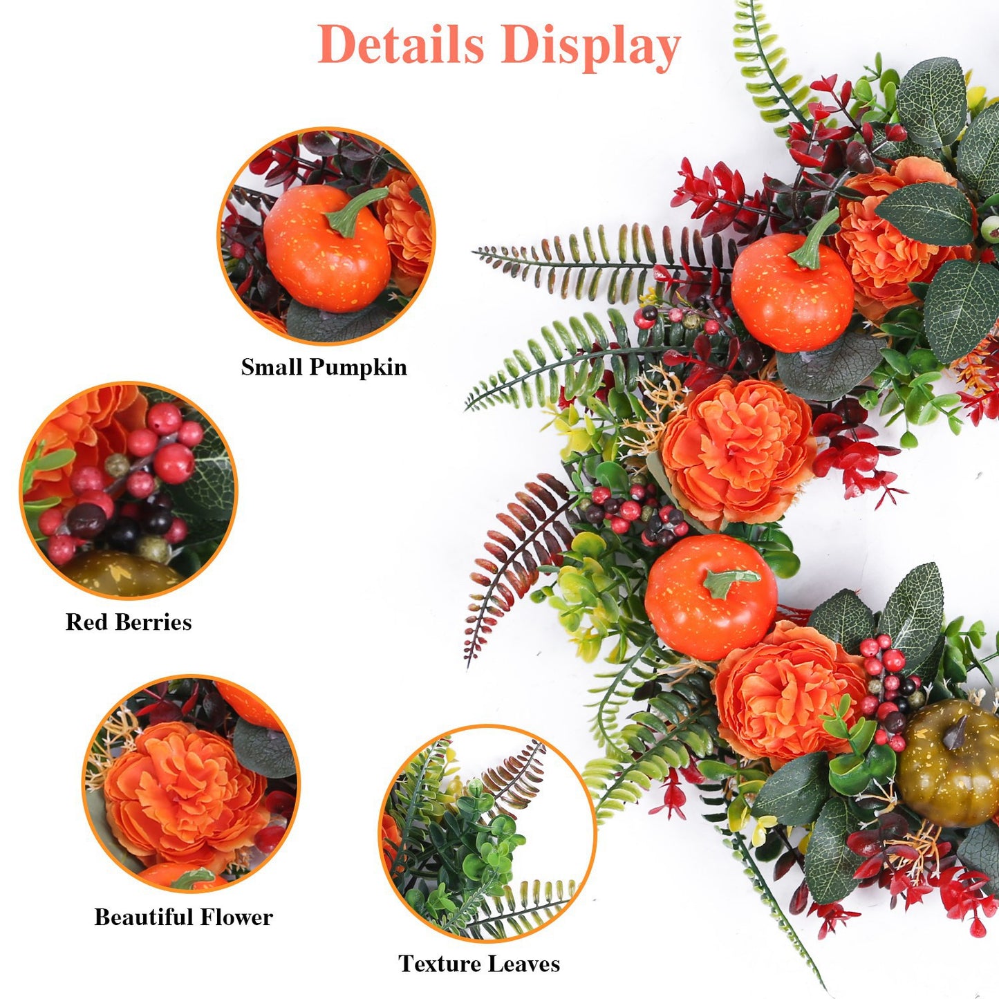 17.7" Fall Wreath for Front Door - Autumn Pumpkin & Berry Harvest Decoration