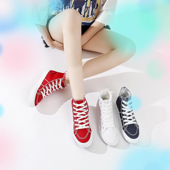 Women's High-Top Lace-Up Canvas Sneakers | Vulcanized Mid-Calf Casual Shoes