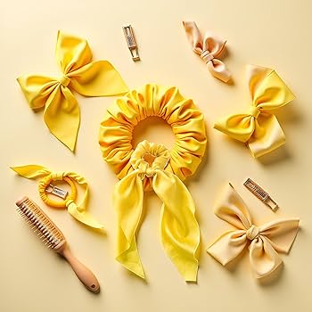 Yellow Satin Bow Scrunchies – Elegant Hair Ties for Women