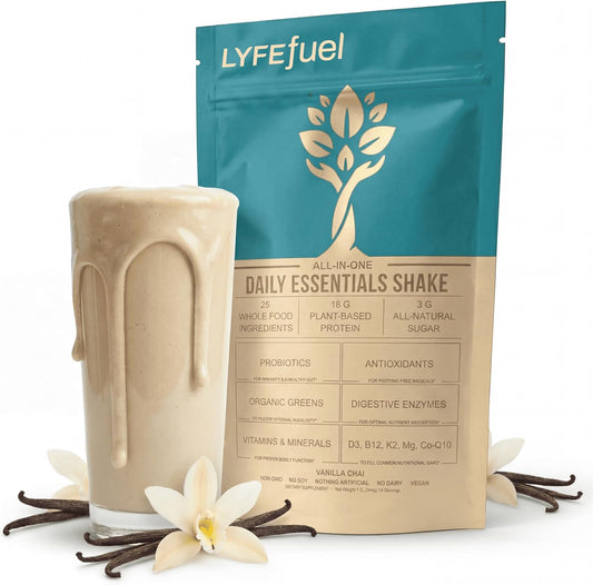 LyfeFuel Essentials Vanilla Nutrition Shake | 18g Vegan Protein, 50+ Superfoods, 24 Servings