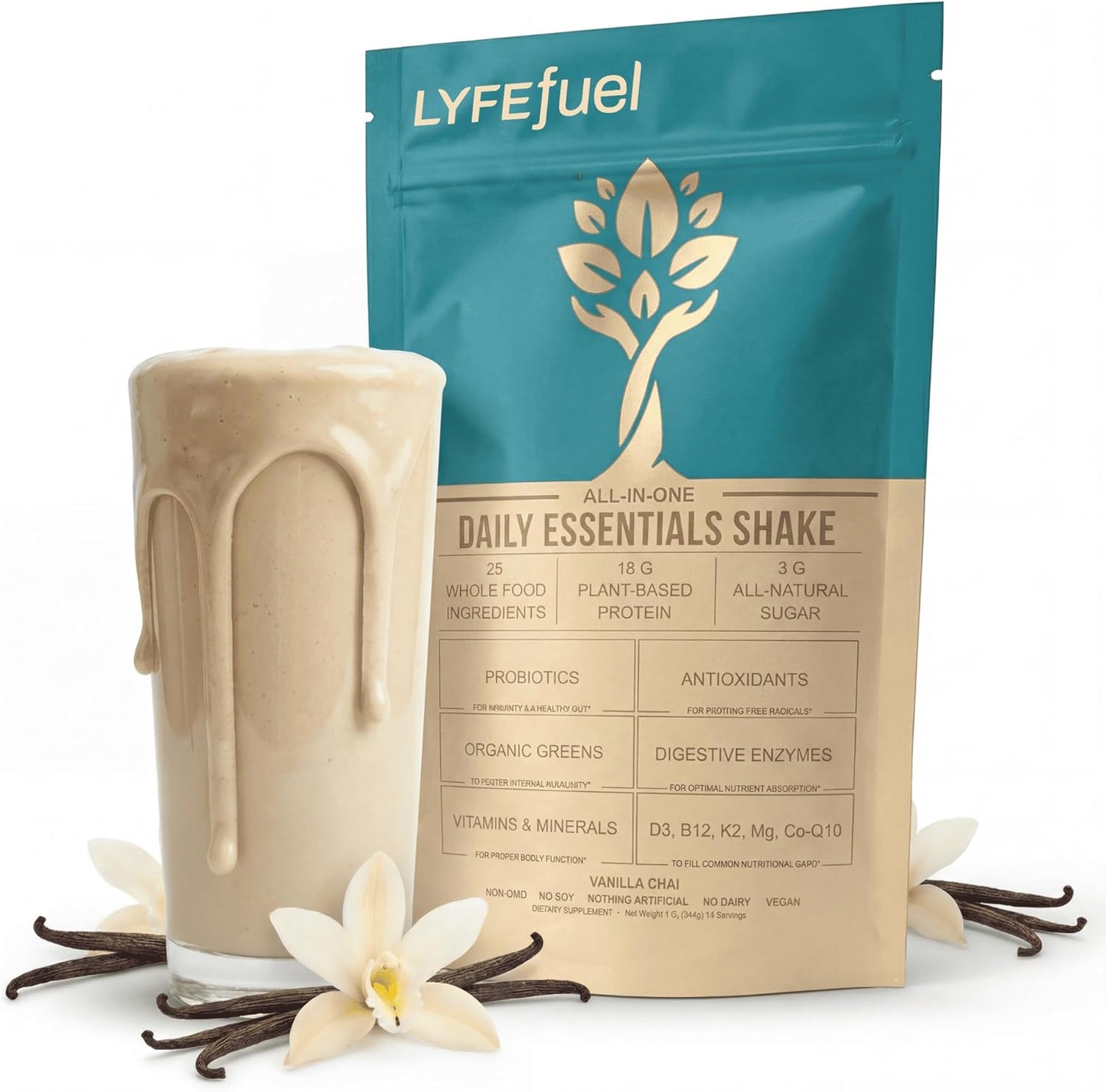 LyfeFuel Essentials Vanilla Nutrition Shake | 18g Vegan Protein, 50+ Superfoods, 24 Servings