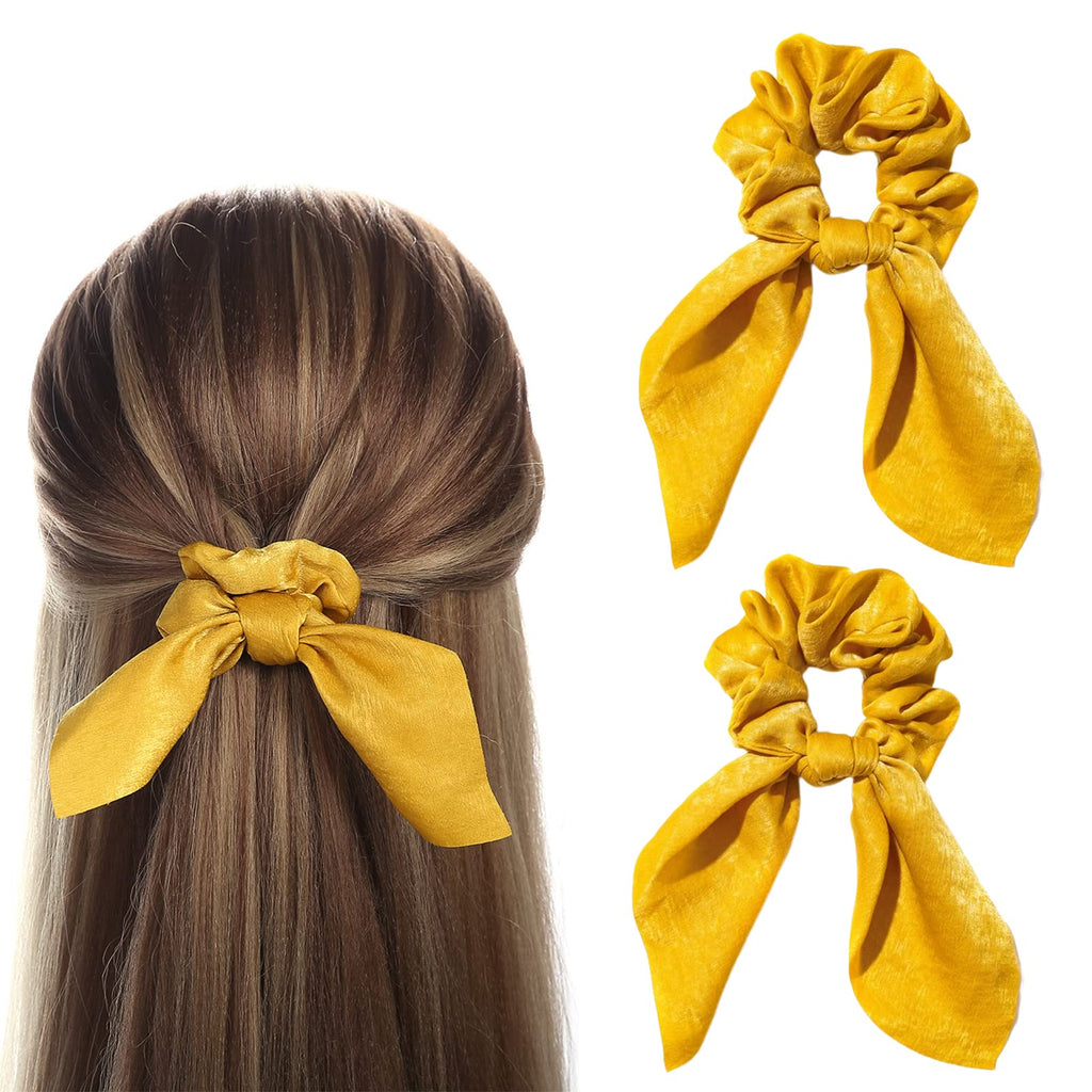 Yellow Satin Bow Scrunchies – Elegant Hair Ties for Women