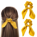 Yellow Satin Bow Scrunchies – Elegant Hair Ties for Women