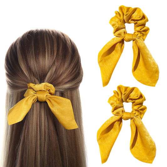 Yellow Satin Bow Scrunchies – Elegant Hair Ties for Women