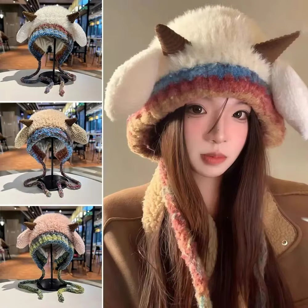 Cute Thick Plush Knitted Hat Girls Winter Warm Ear Protection Beanies Hat Women Comfortable Horn Pullover Hats
