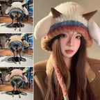 Cute Thick Plush Knitted Hat Girls Winter Warm Ear Protection Beanies Hat Women Comfortable Horn Pullover Hats