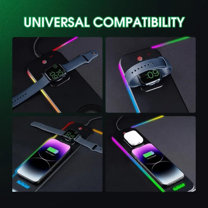3-In-1 Magnetic Wireless Charging RGB Gaming Mouse Pad Oversized Customized with 11 Static Colors & Polar Light Effect Mode