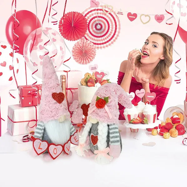 Valentine's Day Gnome Decorations - Pink Plush Scandinavian Tomte for Tiered Tray & Home Decor