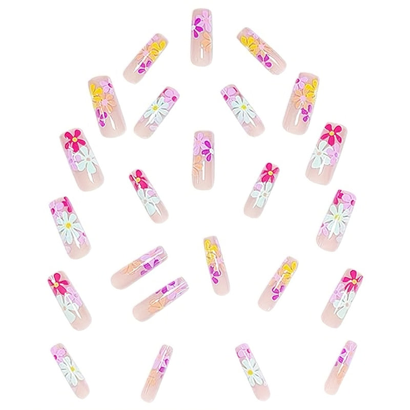 Press On Nails – Long Square Floral Design | 24pc Salon-Quality Set with Glue & Adhesive