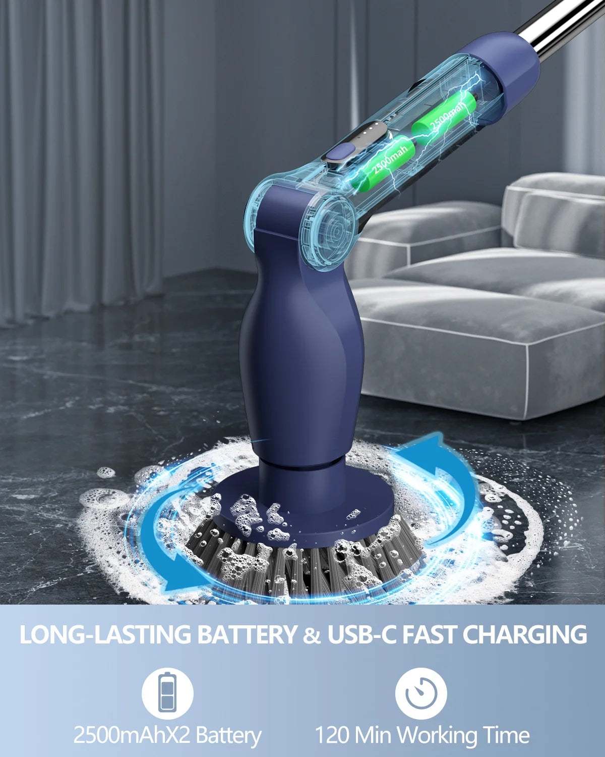 Leebein Electric Spin Scrubber, Cordless Bath Tub Power Scrubber with Long Handle and 8 Replaceable Brush Heads, Shower Cleaning Brush Household Tools for Bathroom, Floor Tile ,Car