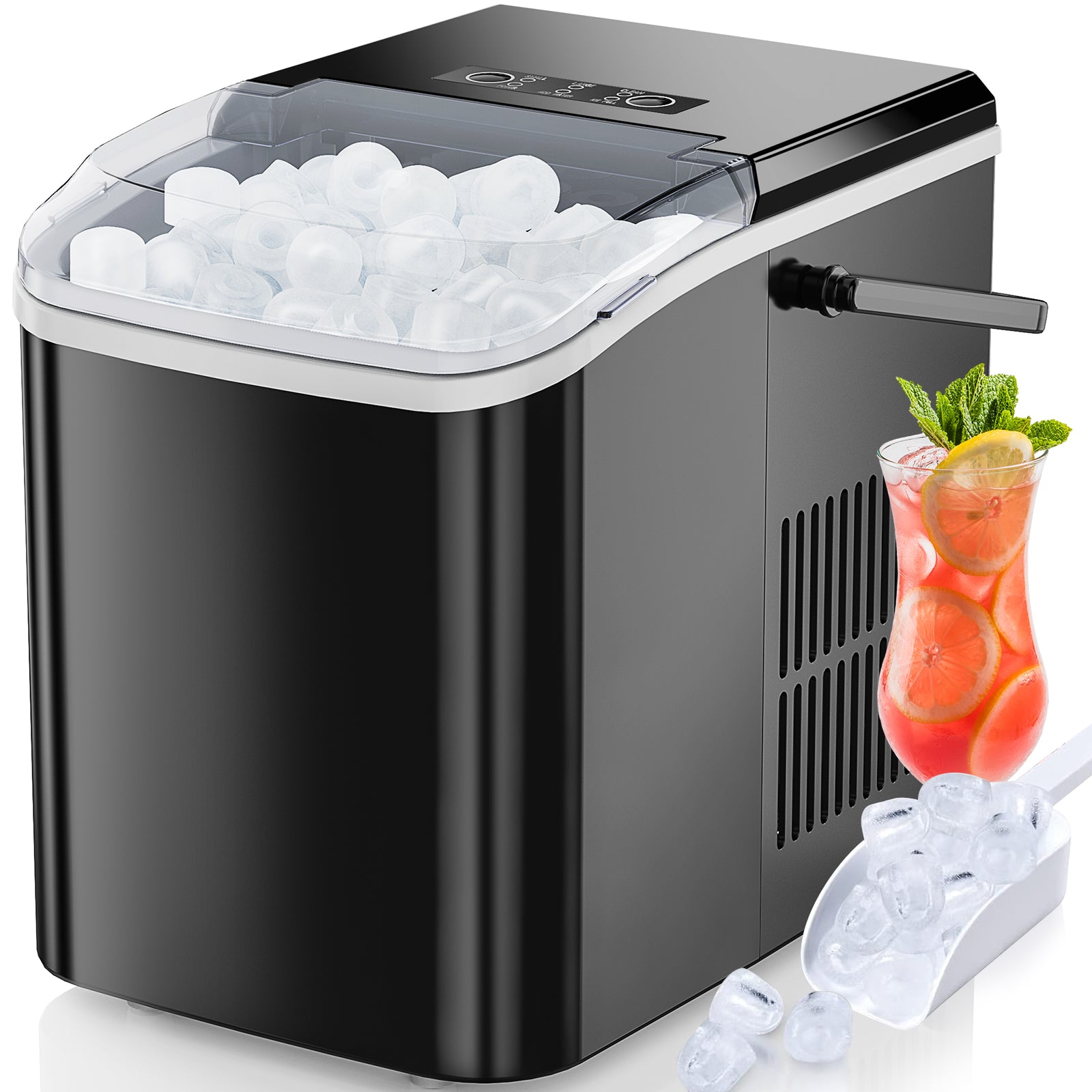 Portable Countertop Ice Maker Machine - 26 lbs Daily, 2 Ice Sizes, Self-Cleaning - Black/Green