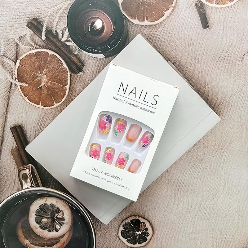Press On Nails Short Square – French Flower Design, 24-Piece Set with Glue