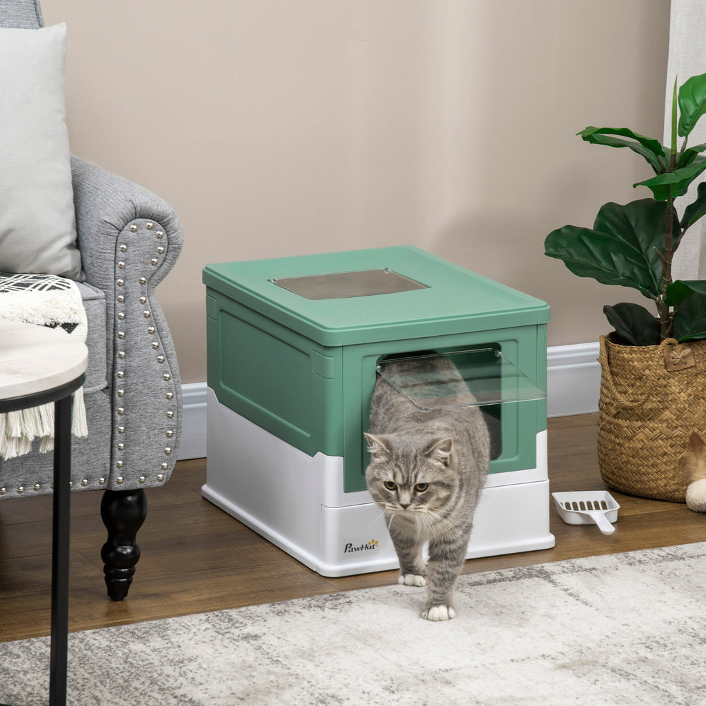 PawHut Enclosed Cat Litter Box - Odor Control, Top Entry, Pull-Out Drawer - Green