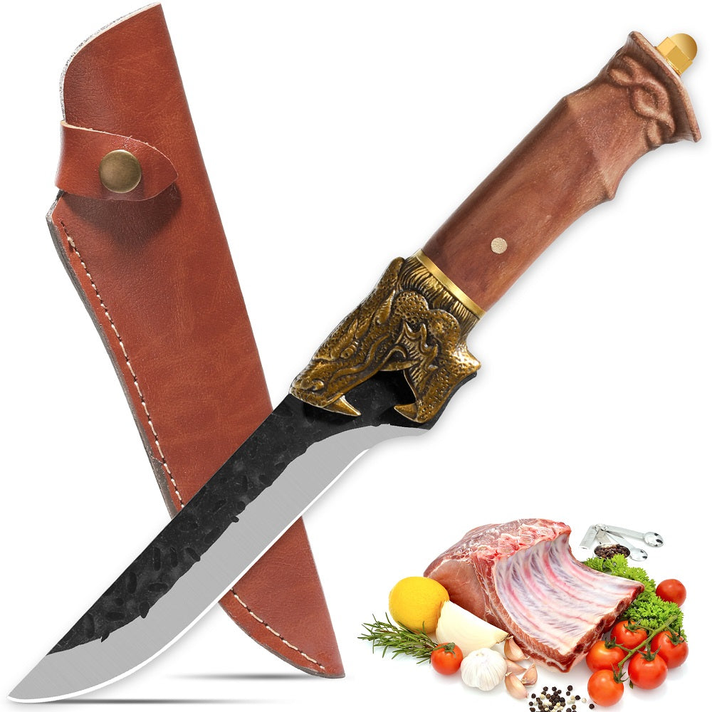 Hand Forged Boning Knife with Dragon Handle - 7Cr17MOV Carbon Steel Blade with Leather Sheath for Hunting, Camping & Filleting
