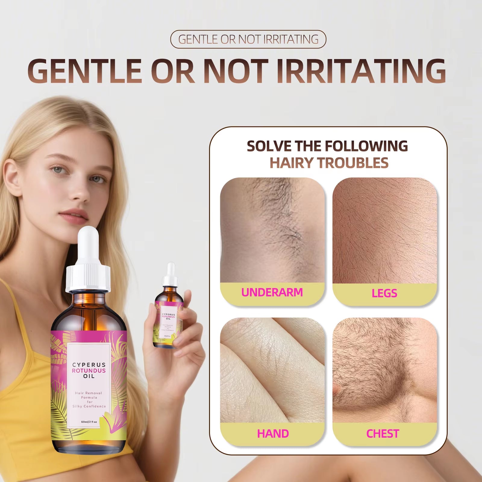 Hair Removal Oil 60Ml - Natural Hair Growth Inhibitor with Jojoba & Almond Oil, Gentle Formula for Smooth Skin, All Body Areas