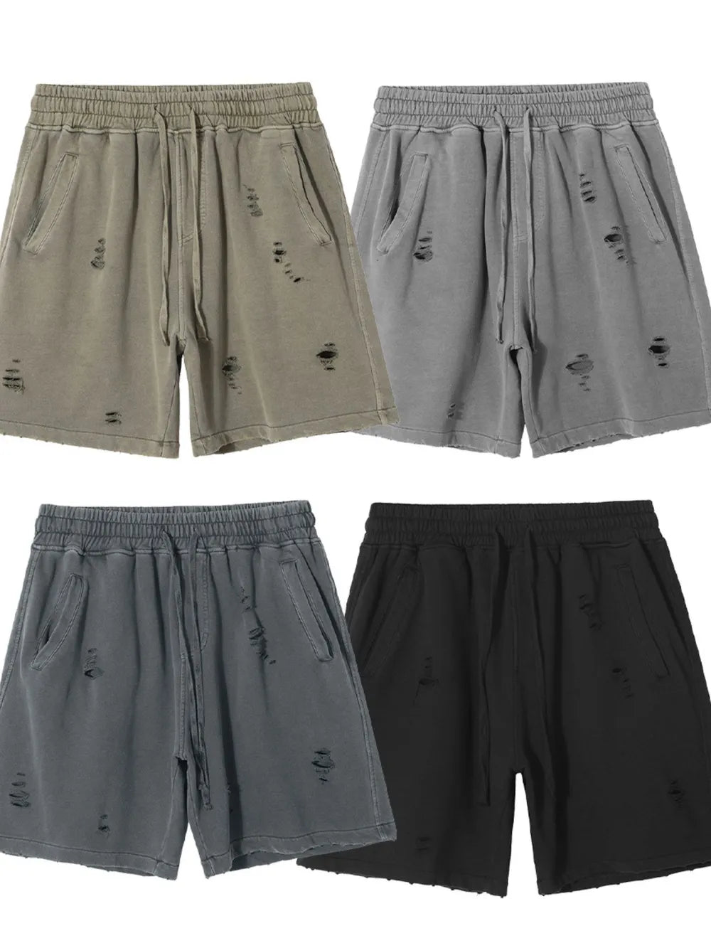 Men's Distressed Drawstring Shorts – Washed 100% Cotton Casual