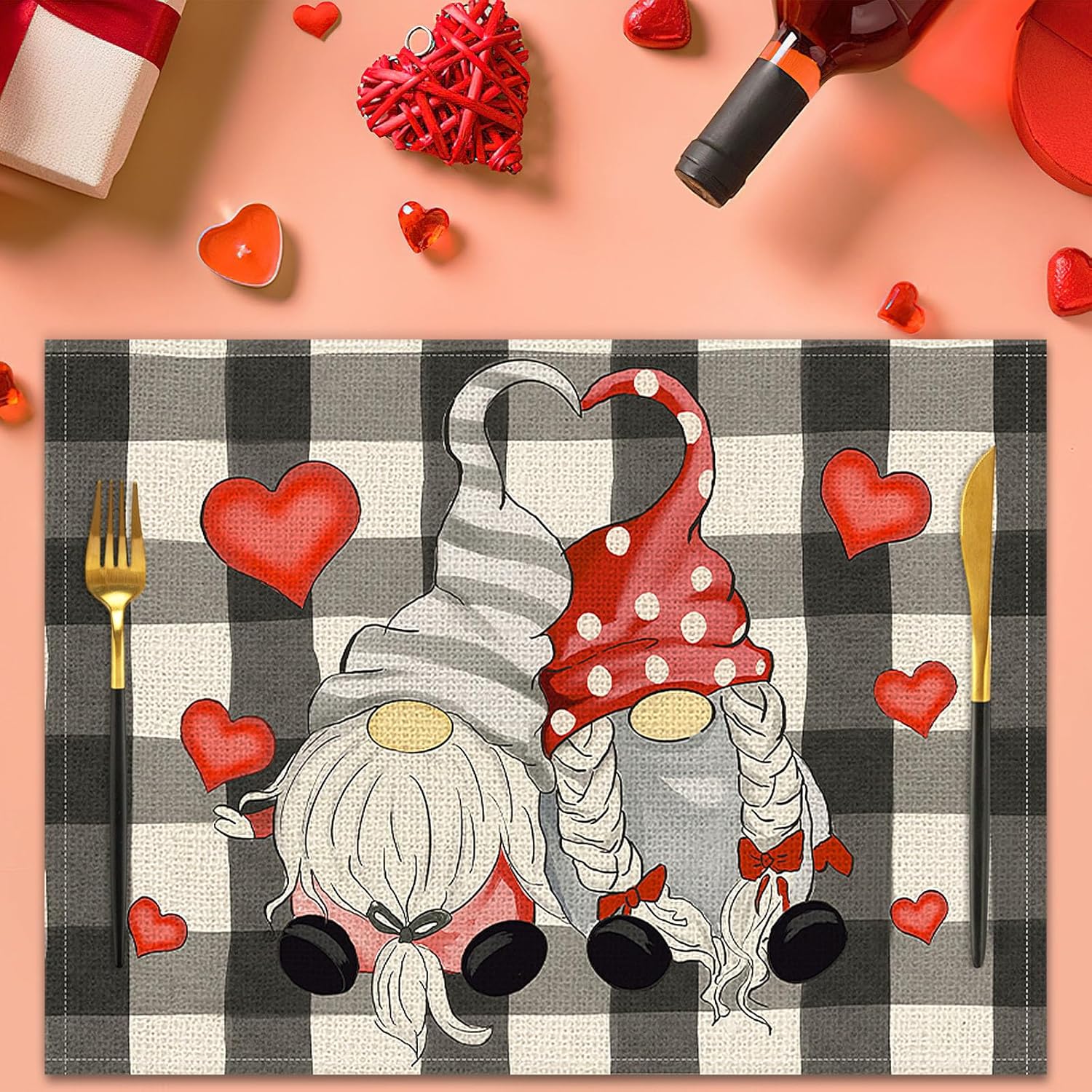 Valentine's Day Gnome Placemats Set of 4 - 17x12.5 Inch Heart Pattern Table Mats
