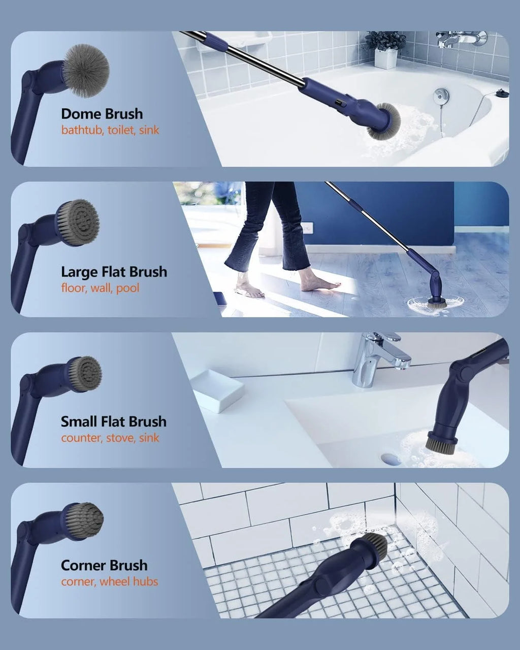 Leebein Electric Spin Scrubber, Cordless Bath Tub Power Scrubber with Long Handle and 8 Replaceable Brush Heads, Shower Cleaning Brush Household Tools for Bathroom, Floor Tile ,Car