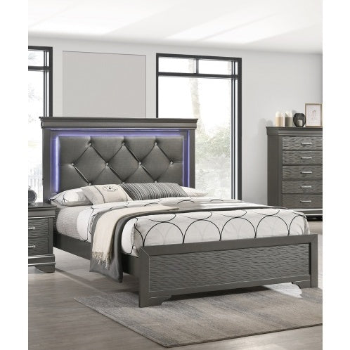 Queen Bed Frame with LED Tufted Headboard - Modern Gray Faux Leather Platform Bed